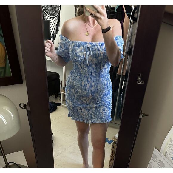 Faithfull the Brand Magnolia Mini Dress Sz 4 Small Blue Floral Tie Dye Smocked - Picture 10 of 11